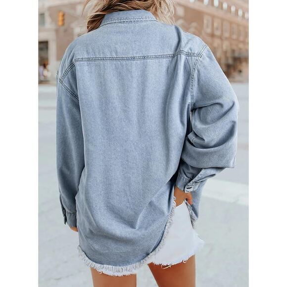 Dokotoo Women XL Oversized Denim Jacket Casual Long Sleeve Distressed Jean Shirt - Picture 3 of 11